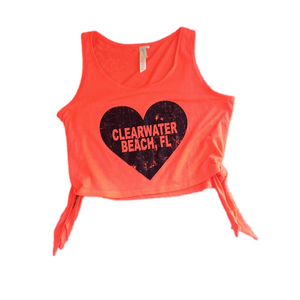exist bright orange clearwater beach cropped tank top with black heart and ties